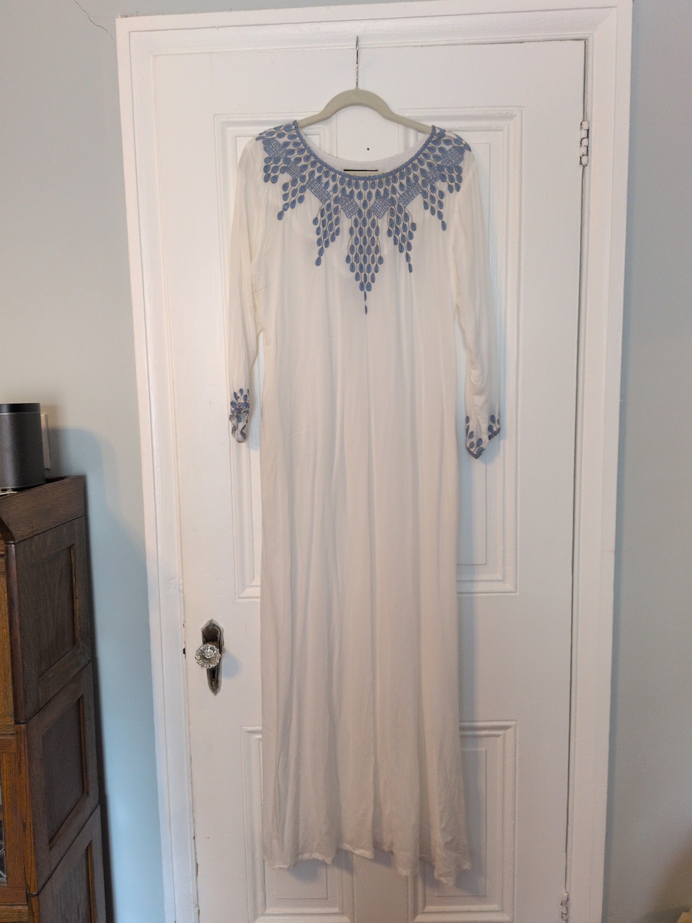 Abdul Rashid Women's Sheer White Maxi Dress with Blue Embroidery